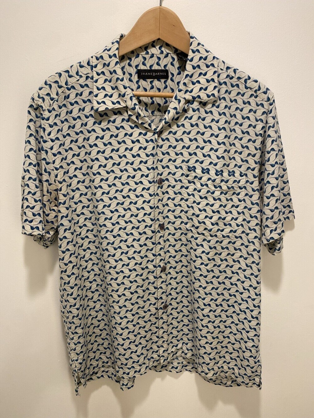 Jhane Barnes Men's Silk Shirt Blue Abstract Wave Short Sleeve Button Up | Size M